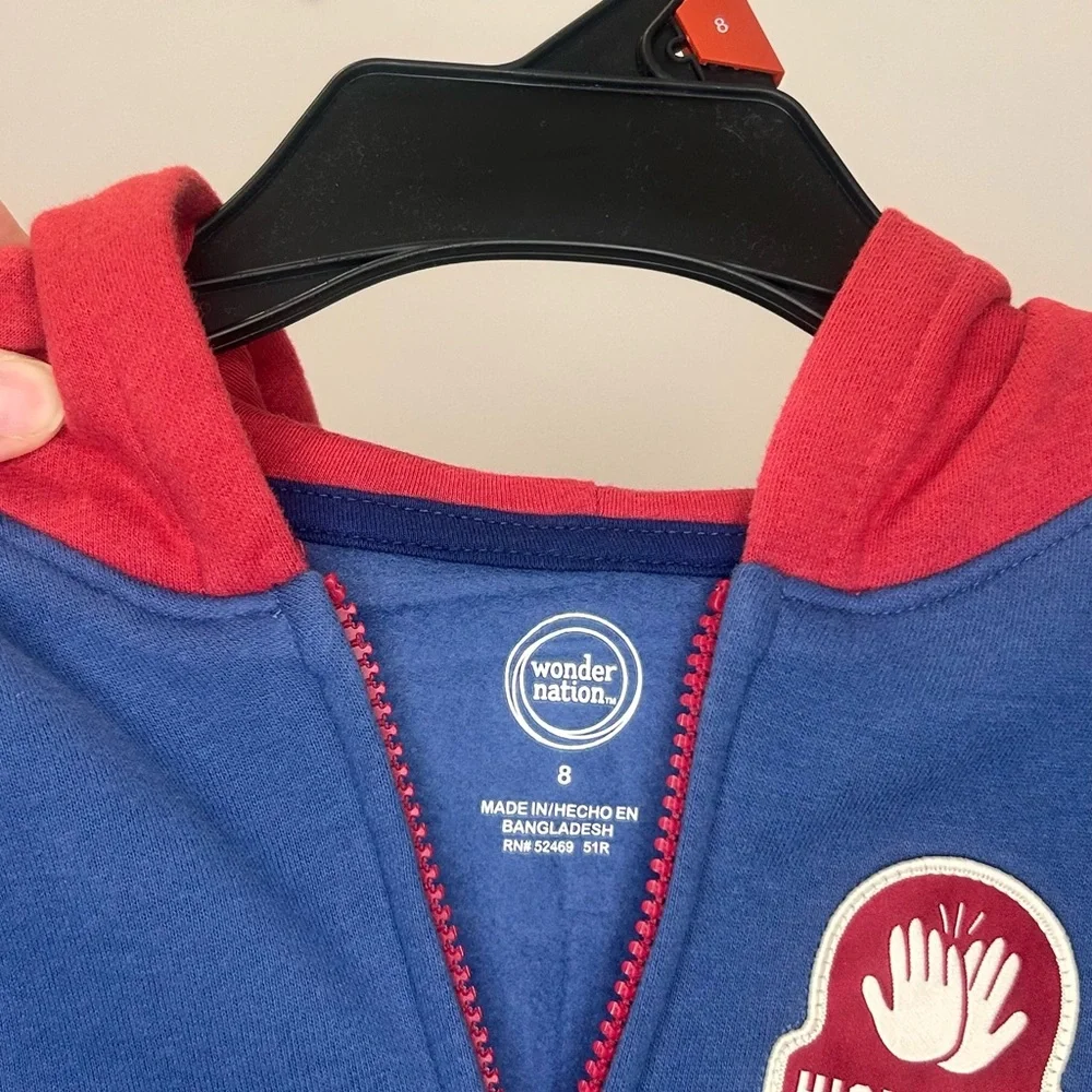 Wonder Nation Boys Zip Hoodie Blue Red High Five Graphic Size 8 Kids Hooded NWT